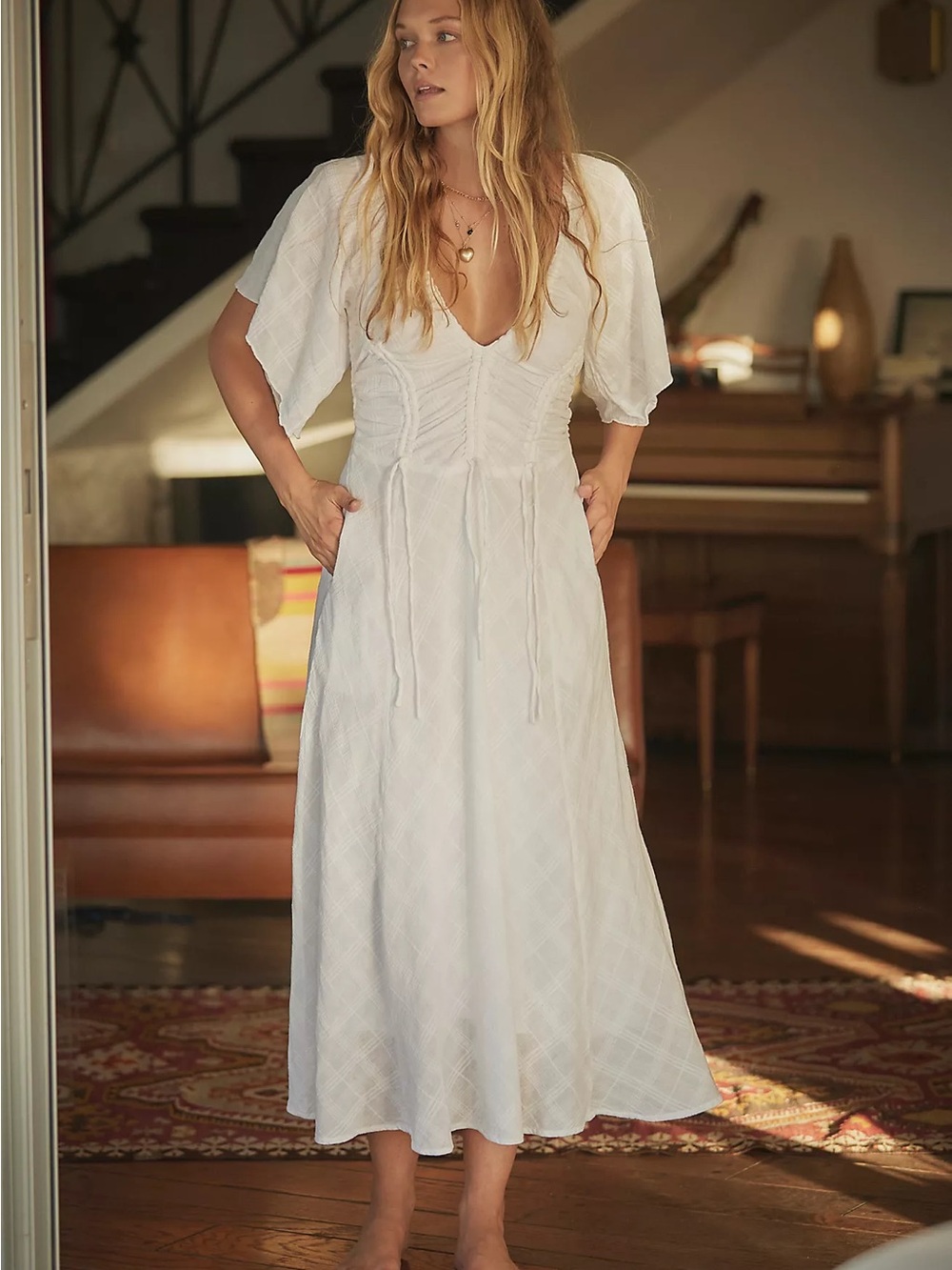 Free People Hard to Resist White Midi Dress Small Romantic Milkmaid
